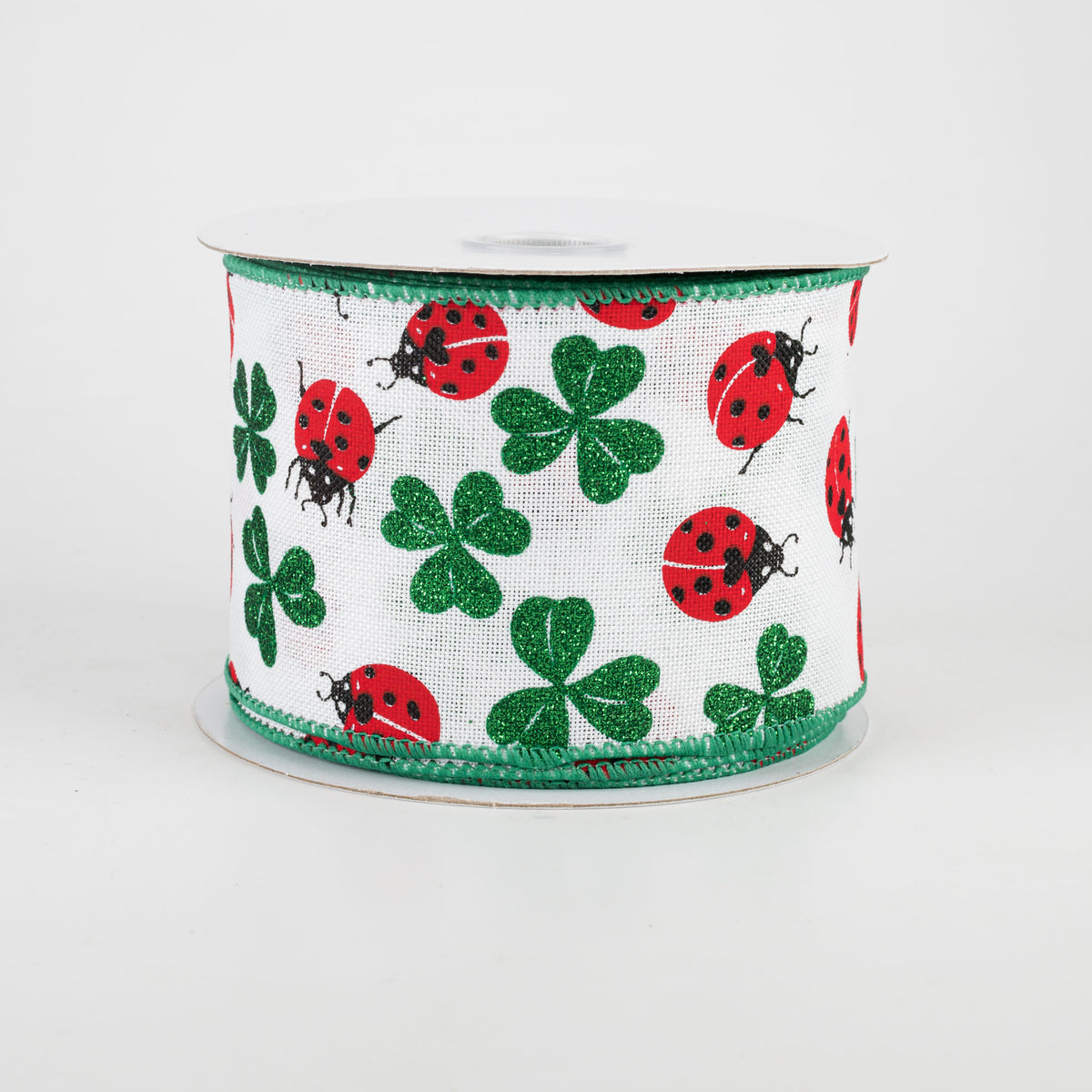 2.5" Shamrocks & Ladybugs Ribbon: White (10 Yards) Item Number: 21006-40-12