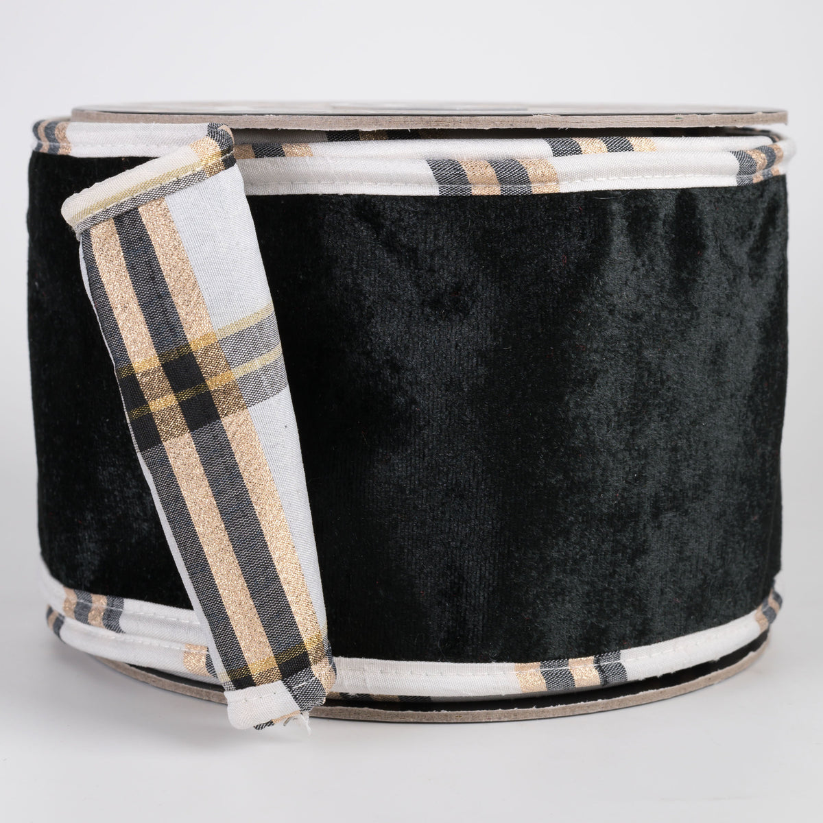4" Sheldon Velvet Ribbon with Fused Dupioni Plaid Back: Black & White (10 Yards) Item Number: RR0061