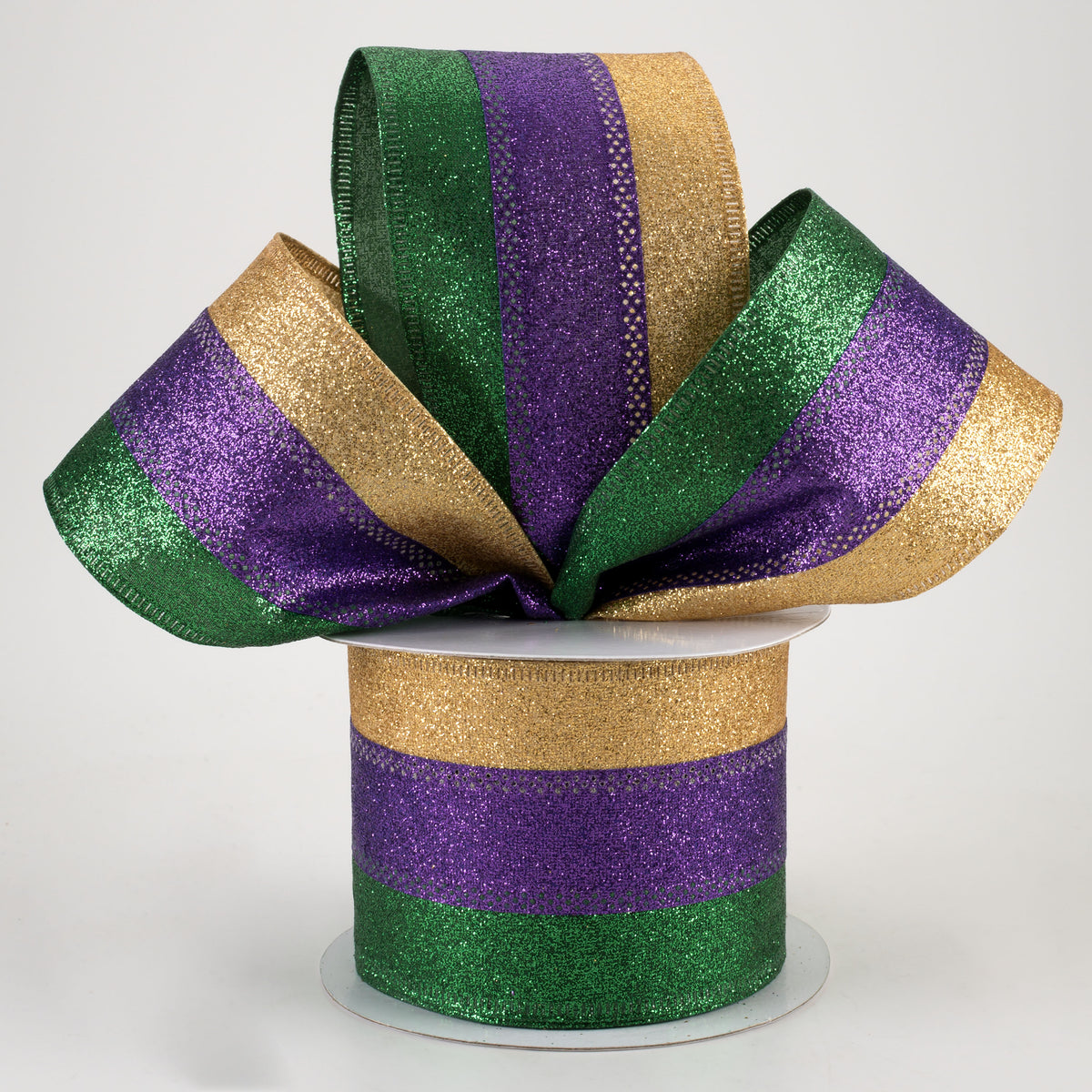 2.5" Shimmer Glitter Stripe Ribbon: Gold, Purple, Emerald (10 Yards) Lifestyle Photo