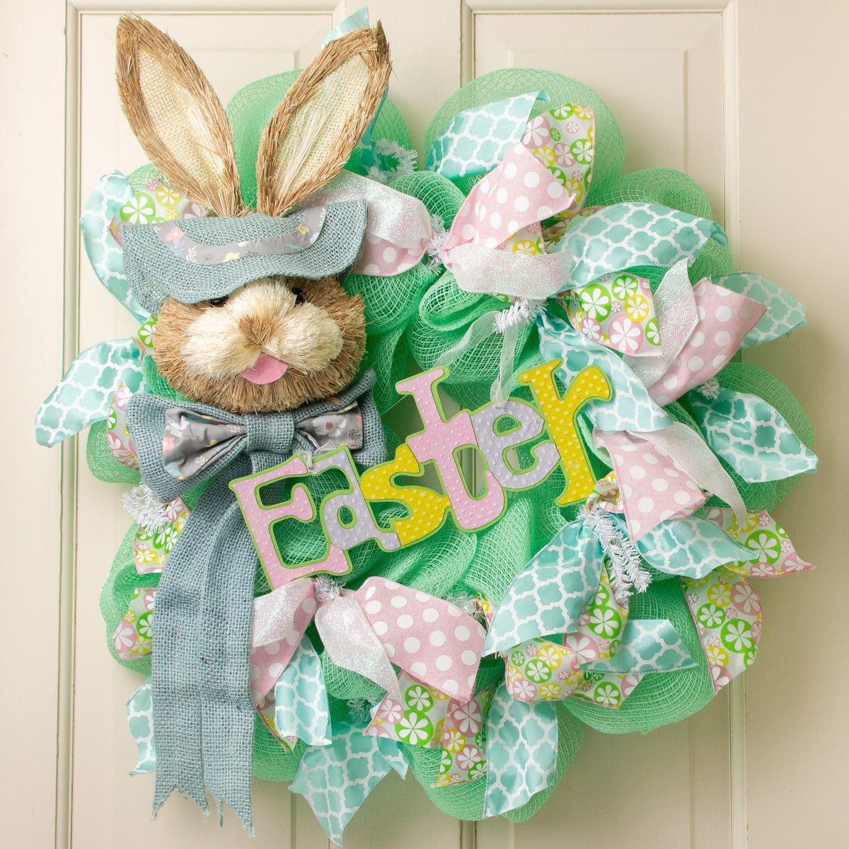 25" Sisal Bunny Head With Burlap Hat & Bow: Dusty Blue Lifestyle Photo