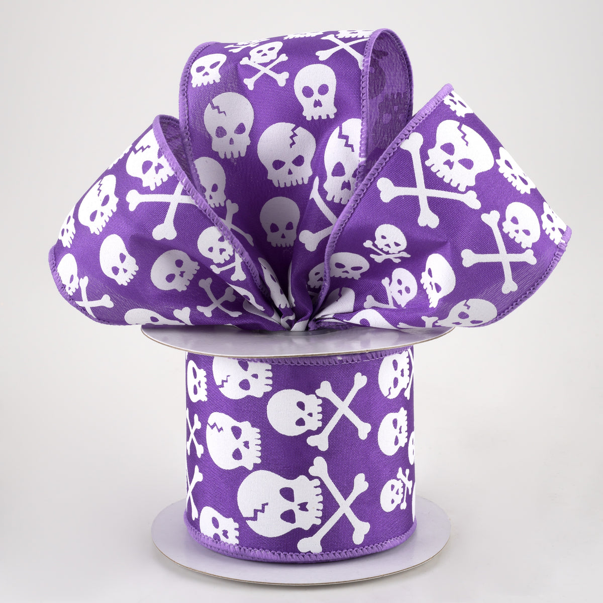 2.5" Skull and Crossbones Ribbon: Purple & White (10 Yards) Lifestyle Photo