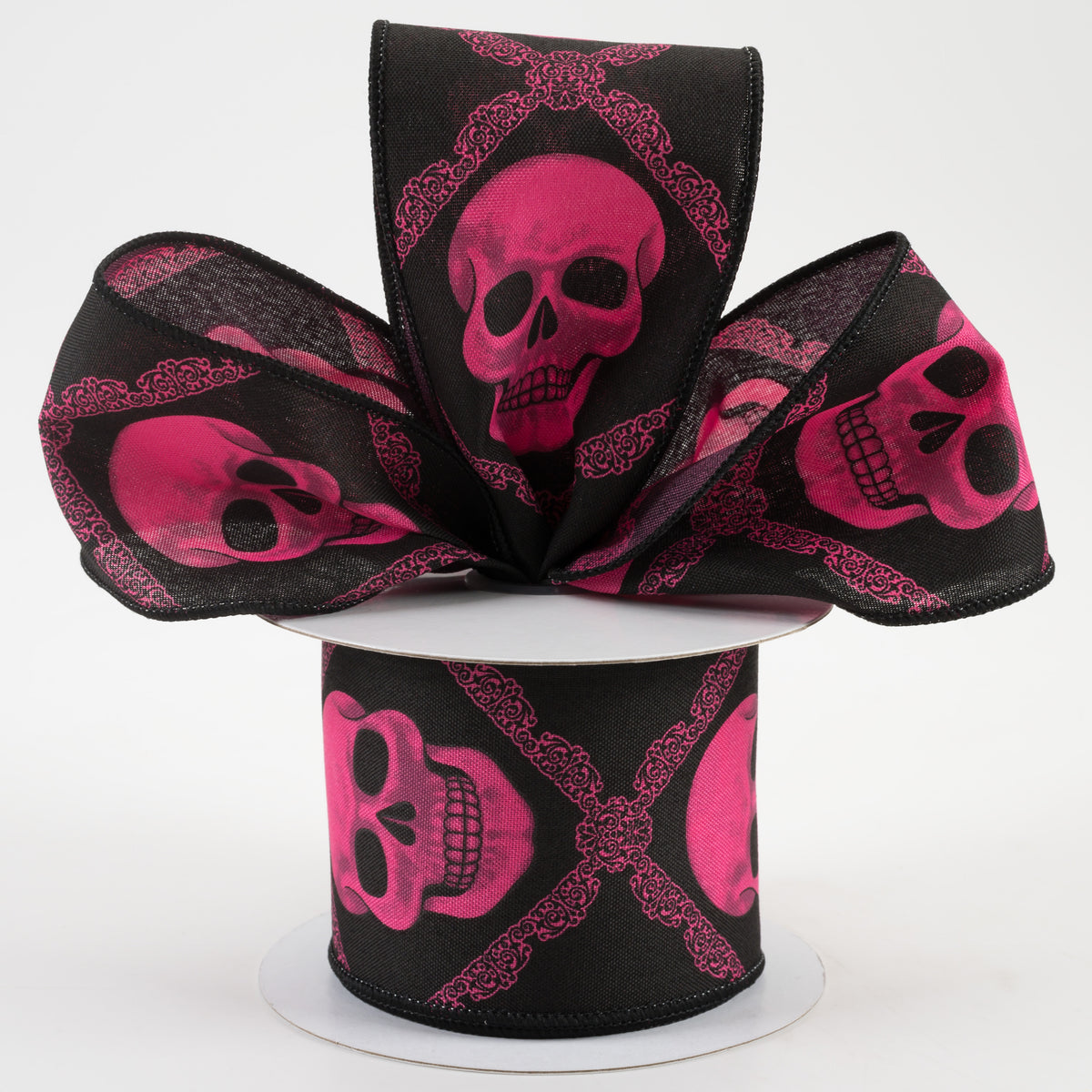 2.5" Skulls Ribbon: Black & Hot Pink (10 Yards) Lifestyle Photo