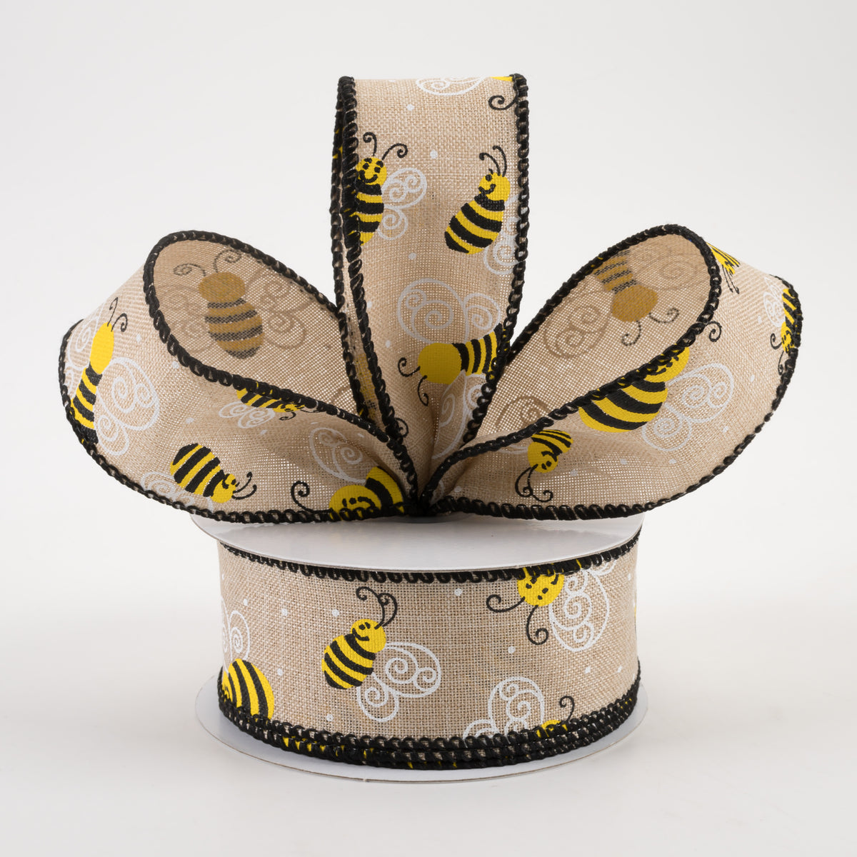 1.5" Smiling Bumble Bee Linen Ribbon: Natural (10 Yards) Lifestyle Photo