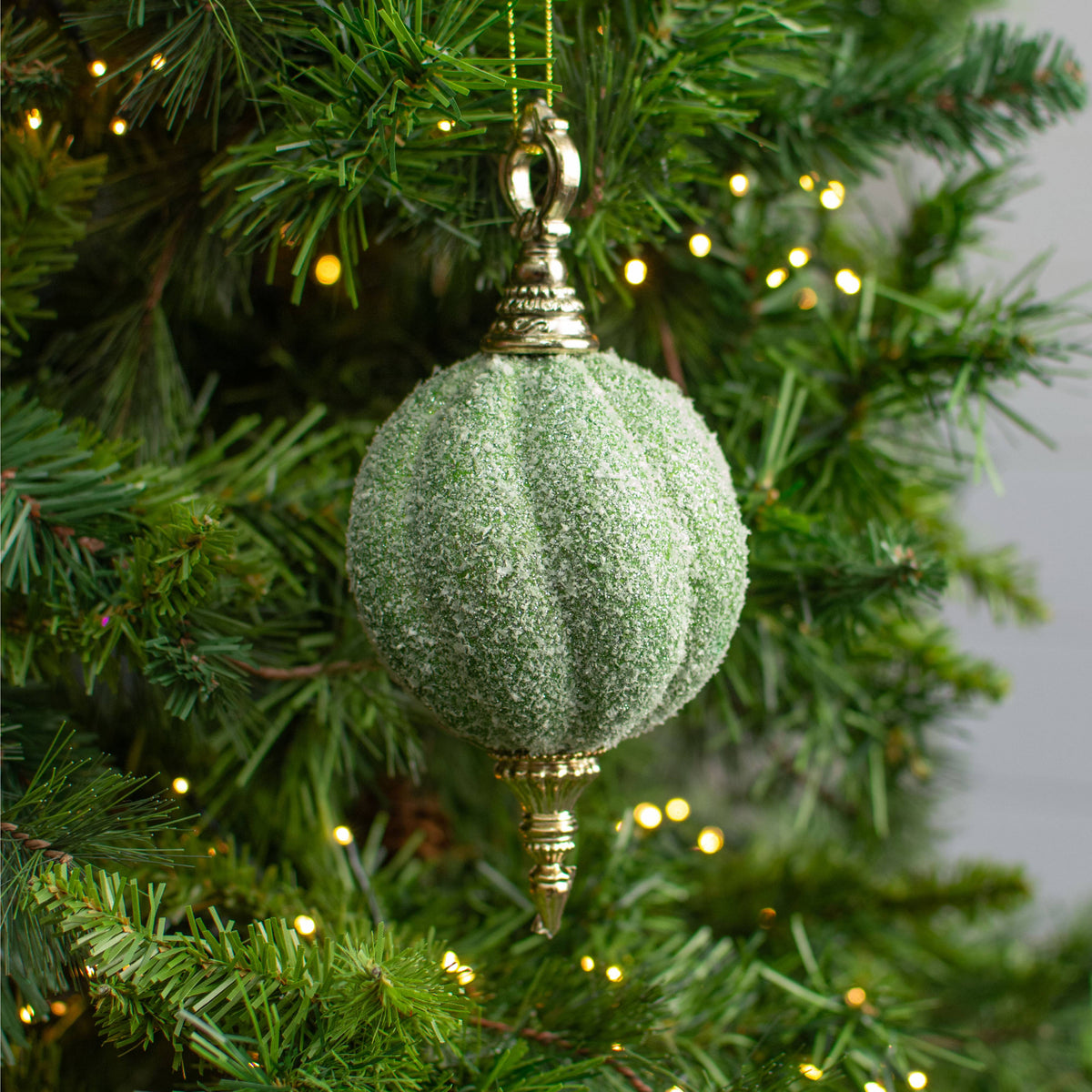 7.5" Snow Ball Finial Ornament: Mint Green Lifestyle Photo