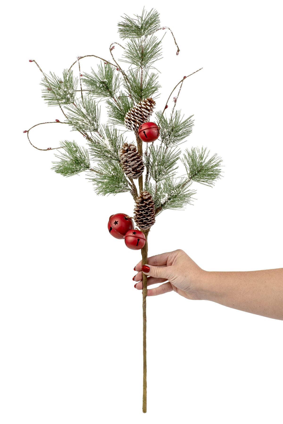 28" Snow Pine, Pinecone, & Red Bell Spray detail photo 3