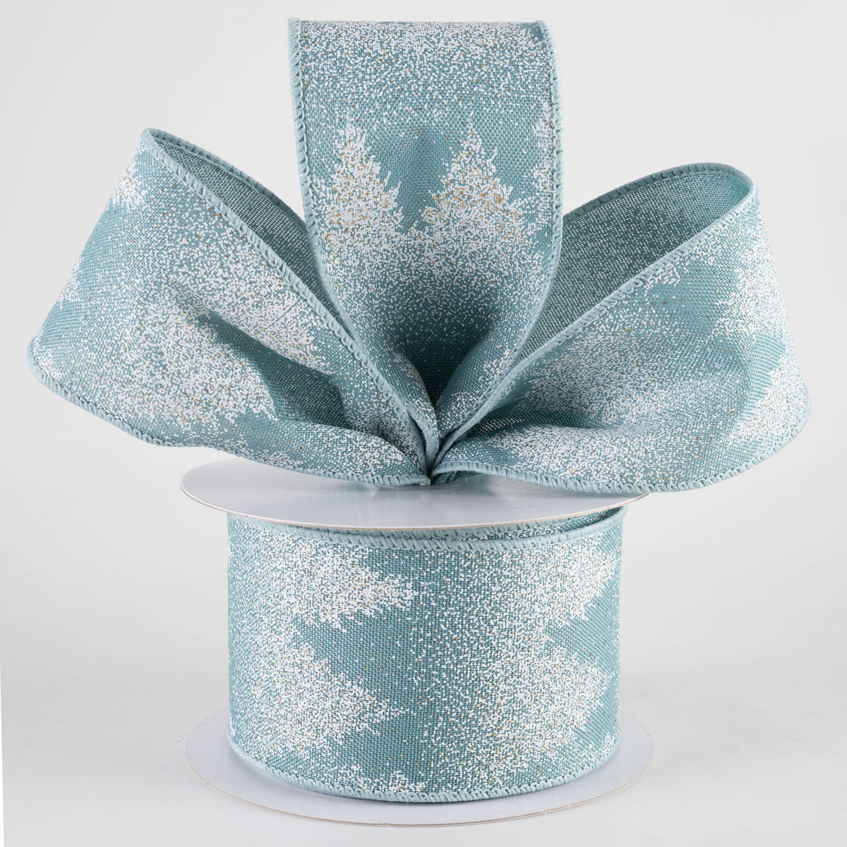 2.5" Snowed Out Dotted Gold Trees Ribbon: Dusty Teal (10 Yards) Lifestyle Photo