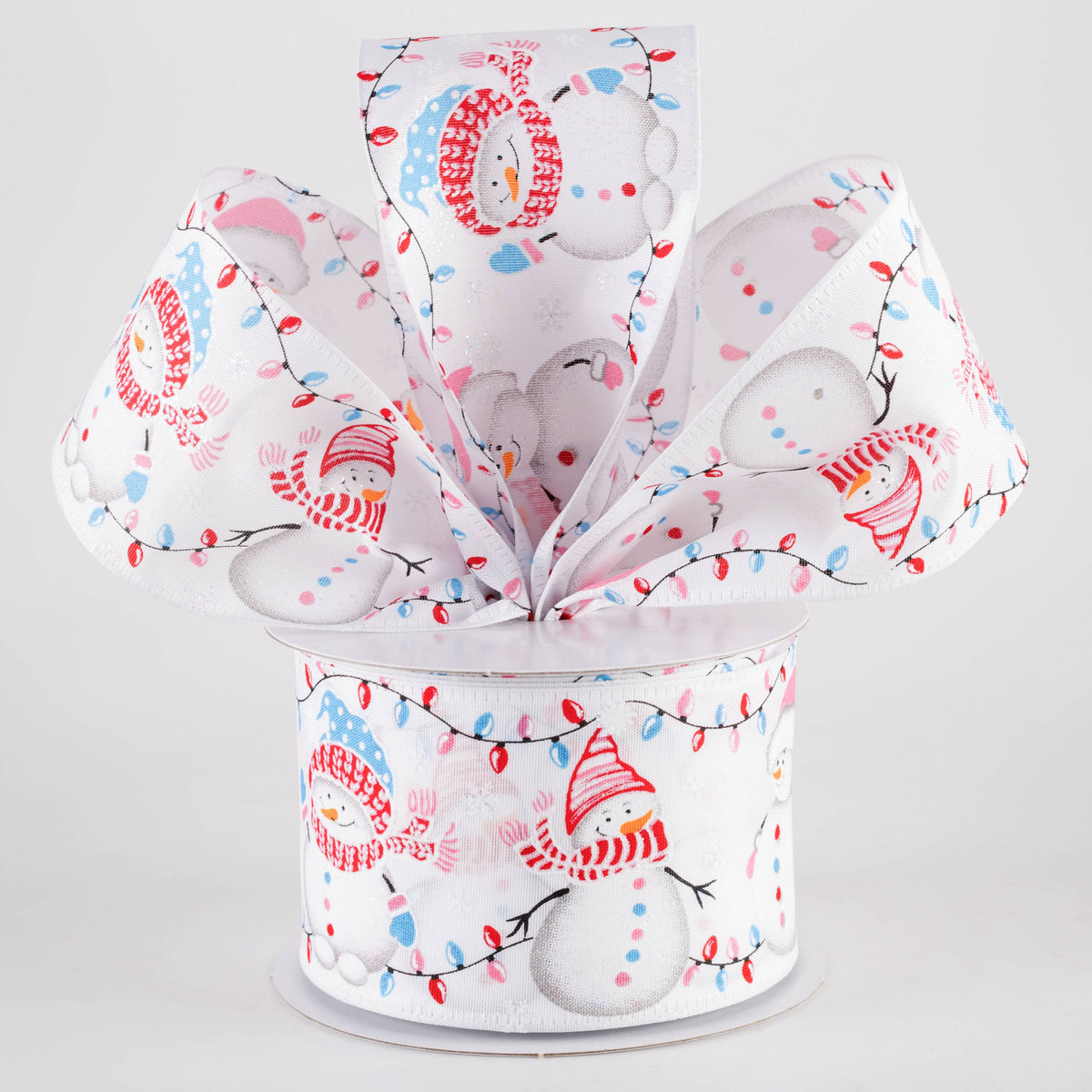 2.5" Snowmen in Christmas Lights Ribbon: Red, Pink & Blue on White (10 Yards) Lifestyle Photo