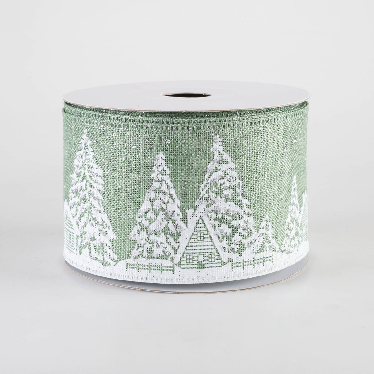 2.5" Snowy Winter Wonderland Glittered Ribbon: Sage Green (10 Yards) Item Number: 76436-40-06