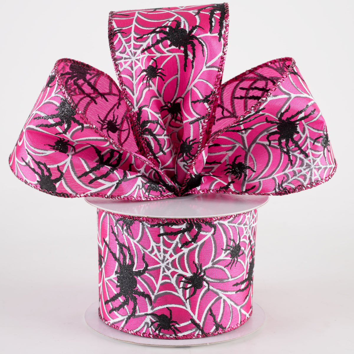 2.5" Spider & White Spiderwebs Ribbon: Fuchsia Pink (10 Yards) Lifestyle Photo