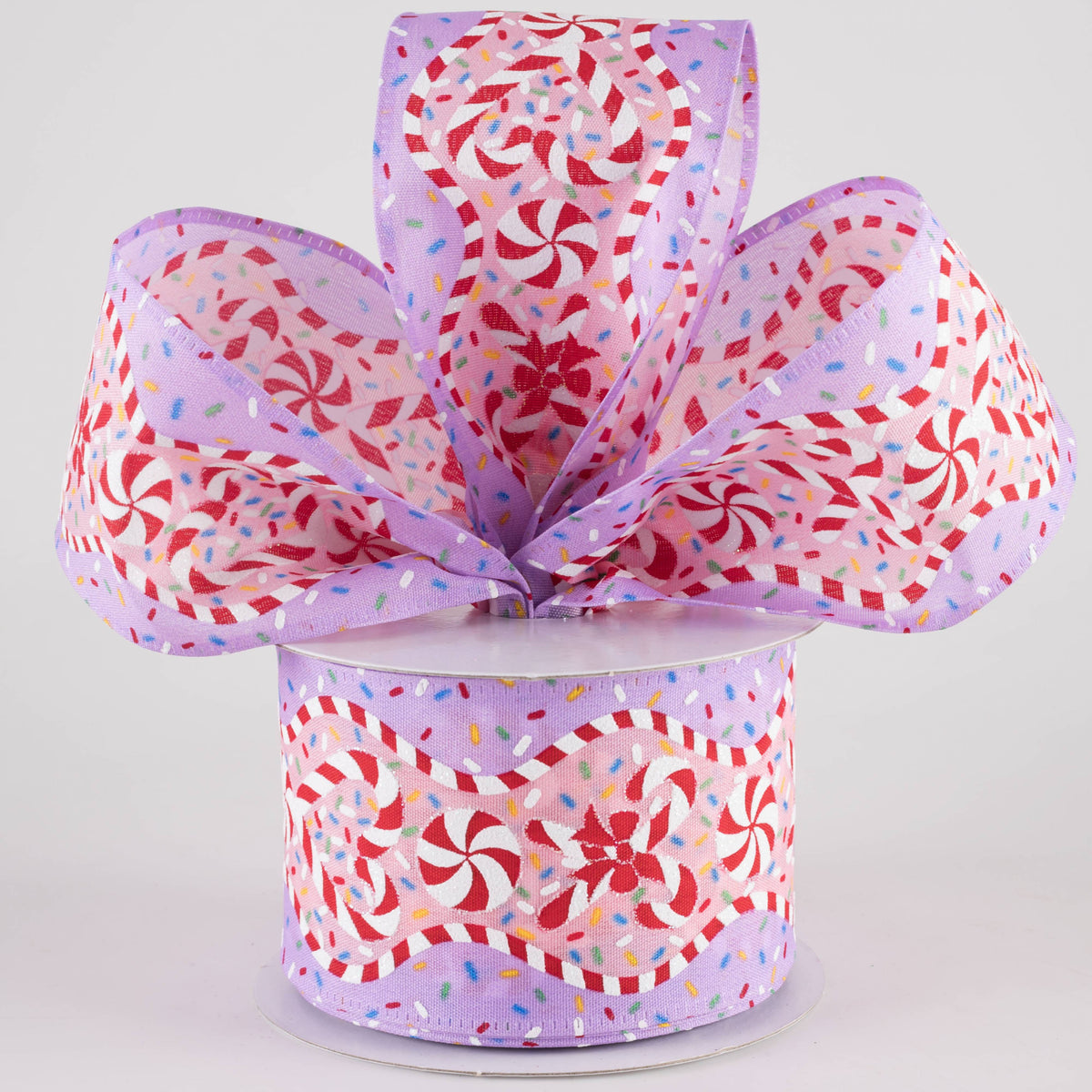 2.5" Sprinkles & Candy Canes Wavy Edge Ribbon: Lavender & Pink (10 Yards) Lifestyle Photo
