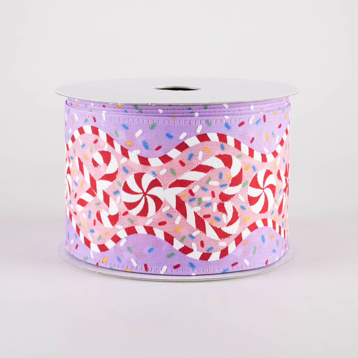 2.5" Sprinkles & Candy Canes Wavy Edge Ribbon: Lavender & Pink (10 Yards) Item Number: 76462-40-30