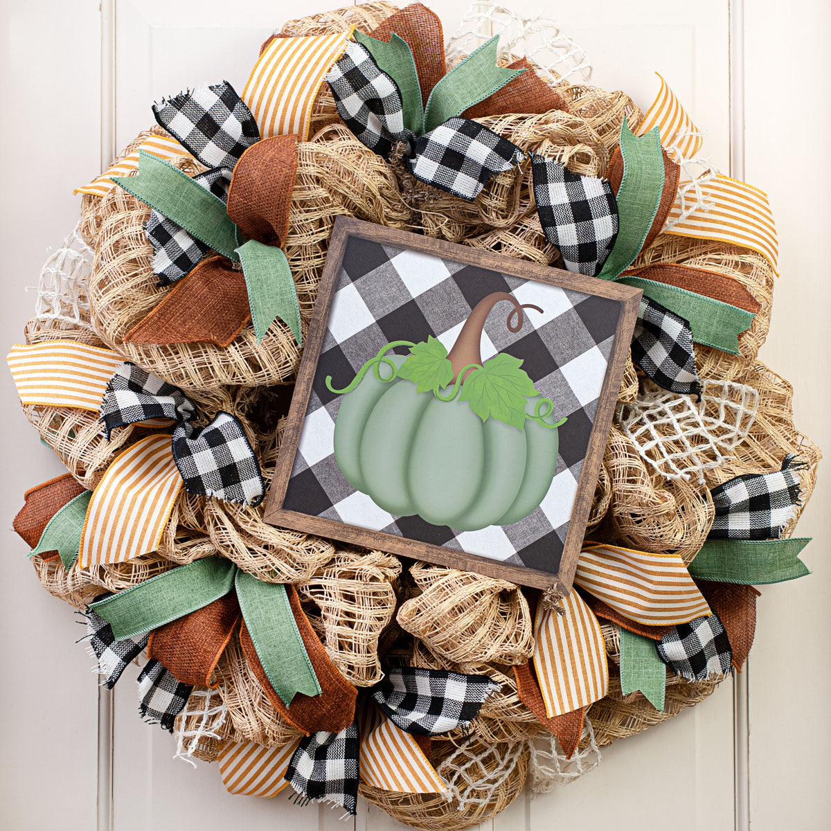 10" Square Short Pumpkin Check Sign: Black & Sage Lifestyle Photo