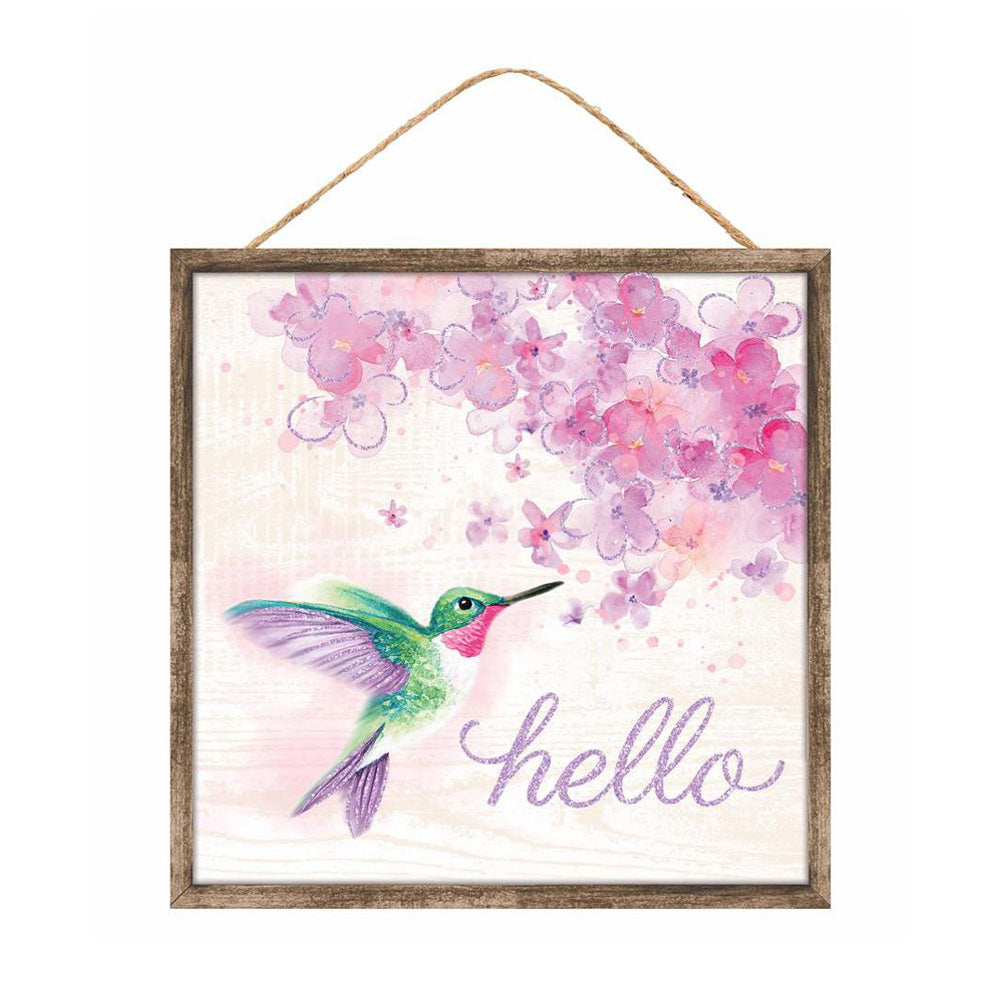 10" Square Wooden Sign: Hummingbird and Florals Item Number: AP7850