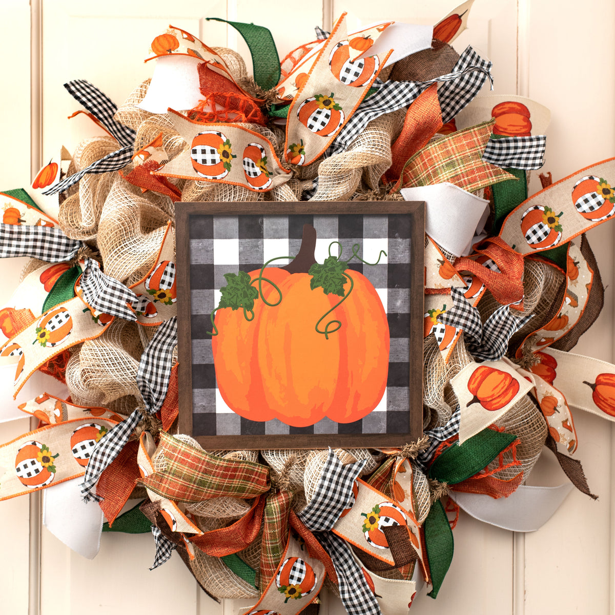 10" Square Wooden Sign: Pumpkin On Check Lifestyle Photo