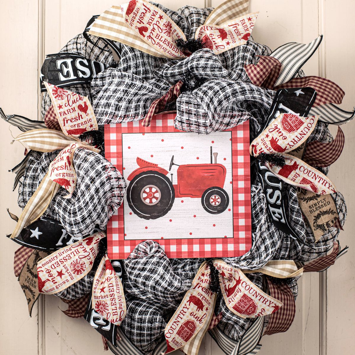 10" Square Wooden Sign: Tractor, Gingham Border Lifestyle Photo