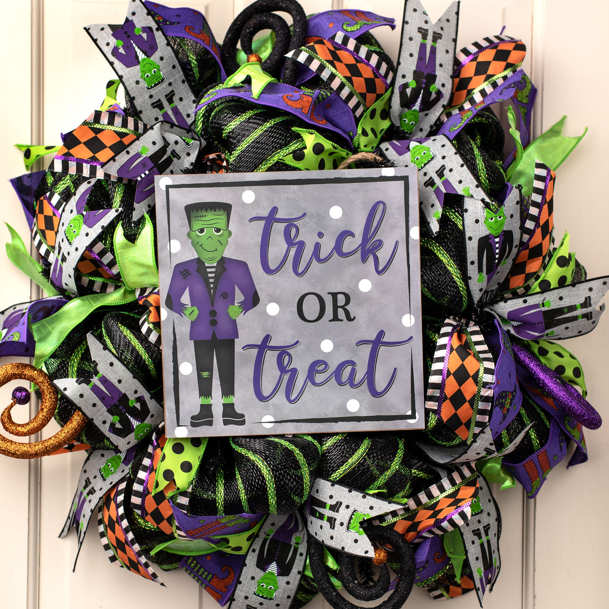 10" Square Wooden Sign: Trick Or Treat Frankenstein Lifestyle Photo