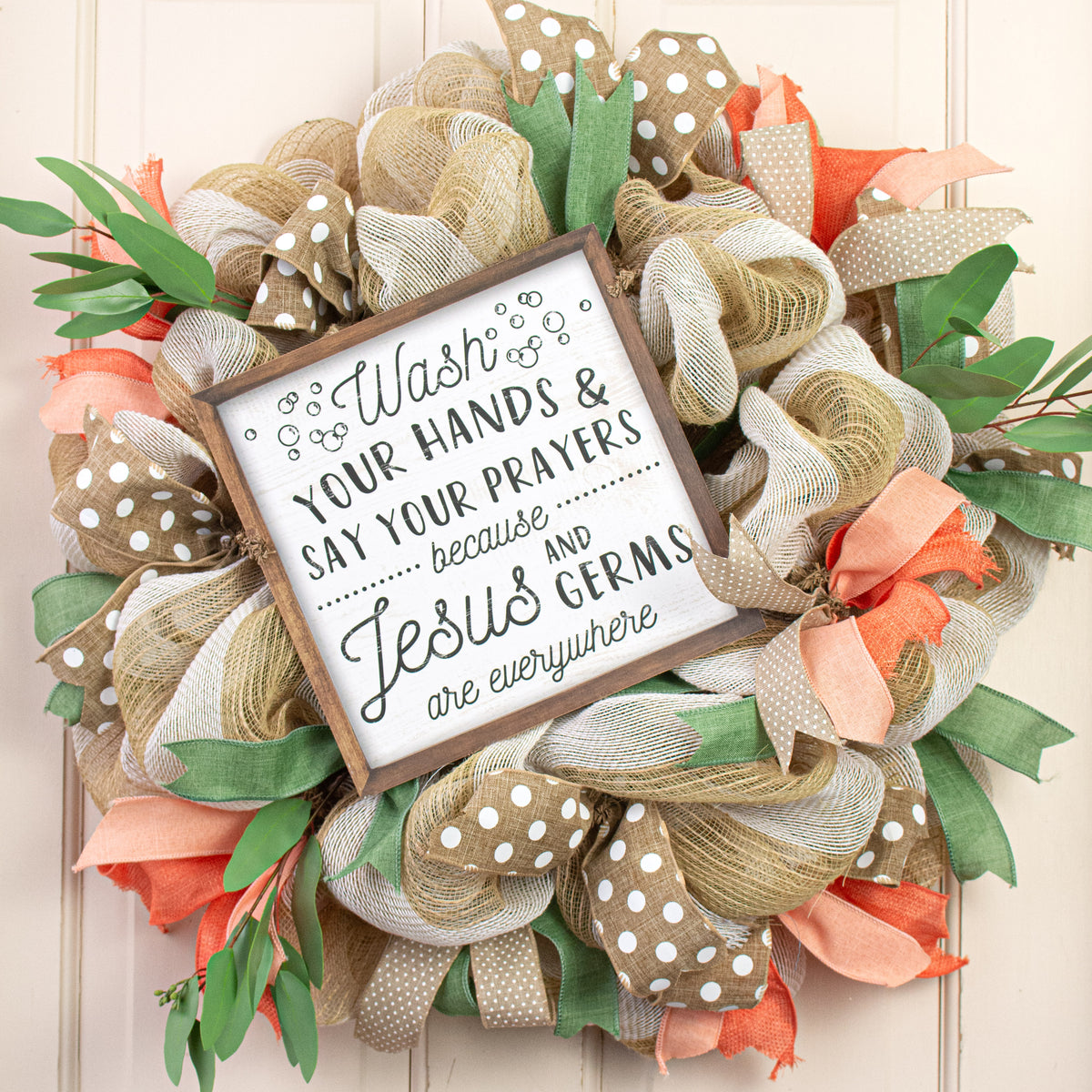 10" Square Wooden Sign: Wash Hands & Say Prayers Lifestyle Photo