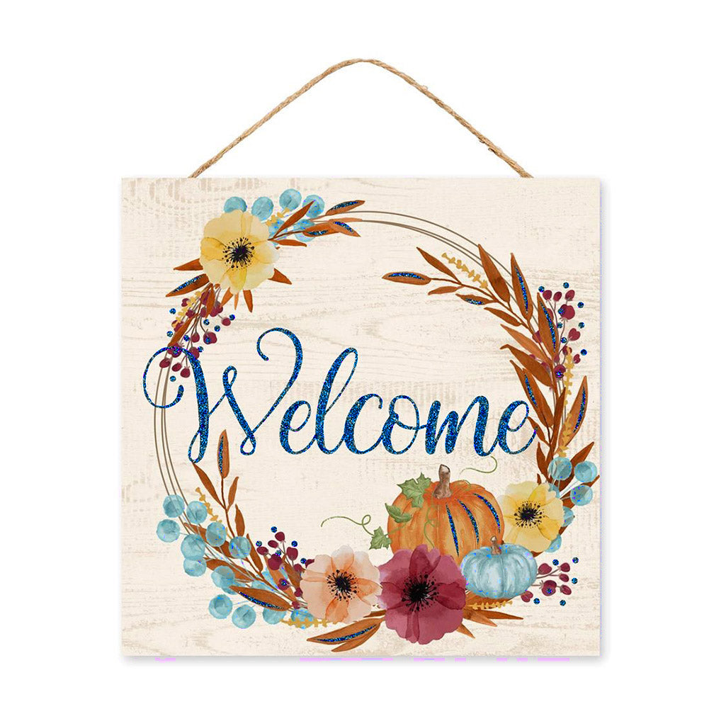 10" Square Wooden Sign: Welcome Pumpkins Glitter, Blue & Orange Item Number: AP8967