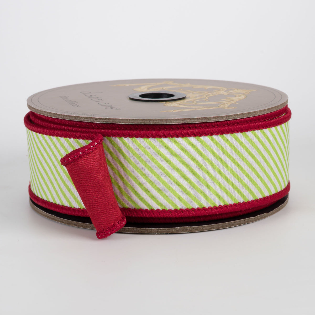 [D Stevens] 1.5" Dupioni Diagonal Stripes Ribbon: Red, Lime & White (10 Yards) Item Number: 05-2234