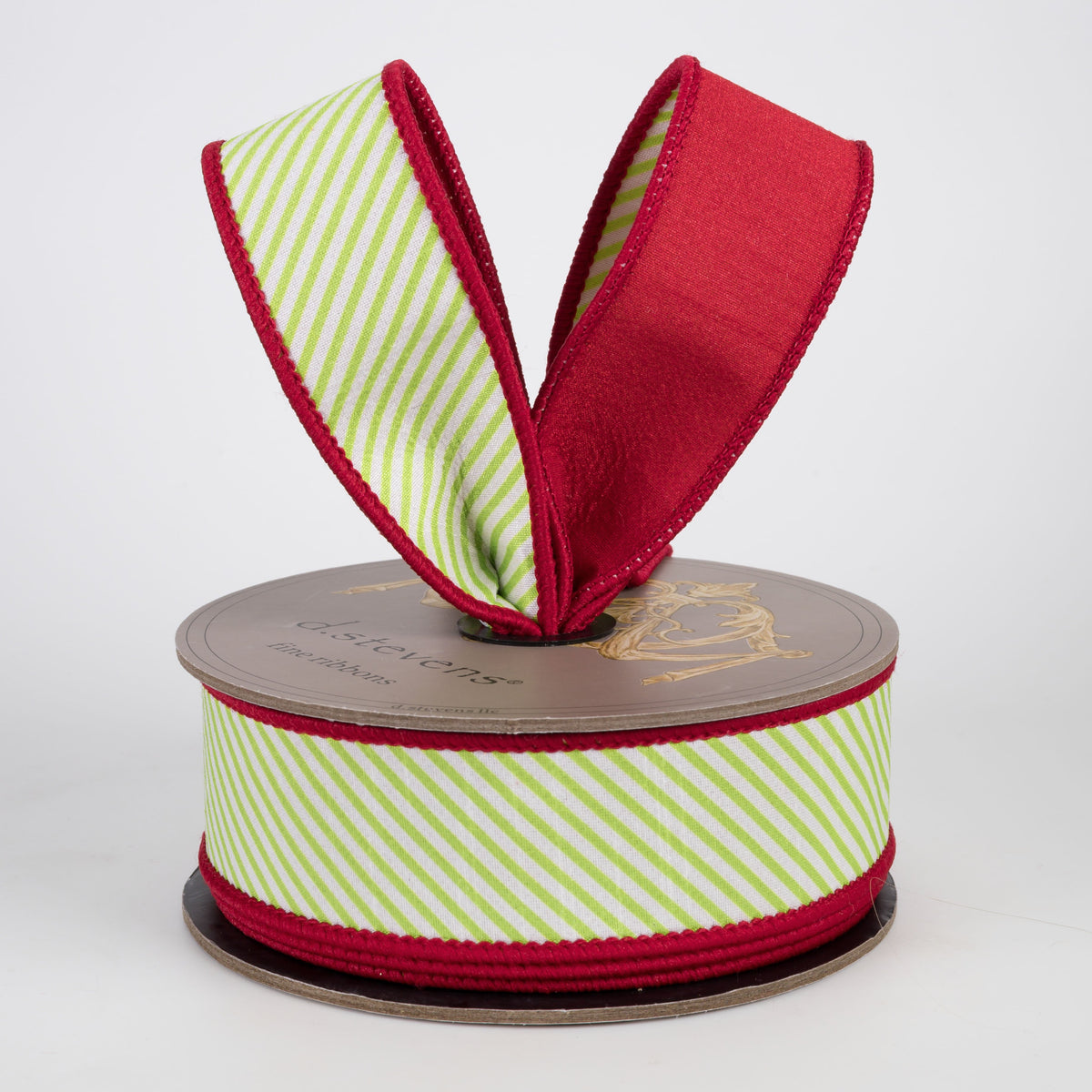 [D Stevens] 1.5" Dupioni Diagonal Stripes Ribbon: Red, Lime & White (10 Yards) Lifestyle Photo
