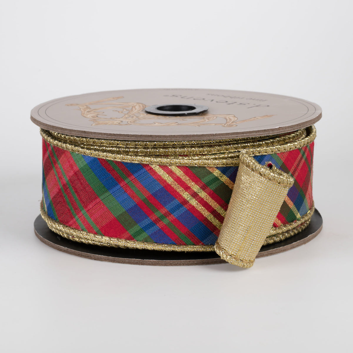 [D Stevens] 1.5" Faux Dupioni Gold Back Diagonal Preppy Yuletide Plaid Ribbon (10 Yards) Item Number: 05-0864