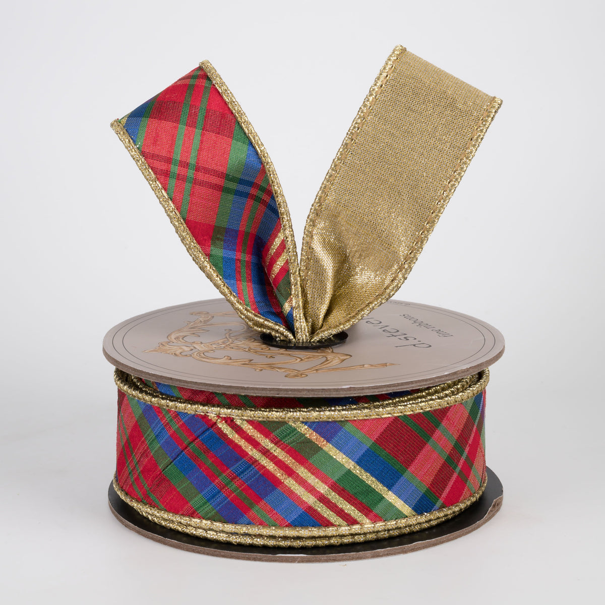 [D Stevens] 1.5" Faux Dupioni Gold Back Diagonal Preppy Yuletide Plaid Ribbon (10 Yards) Lifestyle Photo