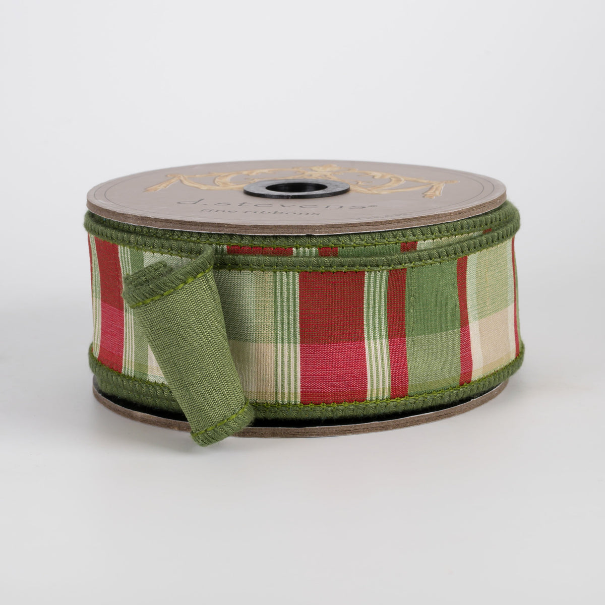 [D Stevens] 1.5" Faux Dupioni Wallis Plaid Ribbon: Red & Moss Green (10 Yards) Item Number: 87-1556