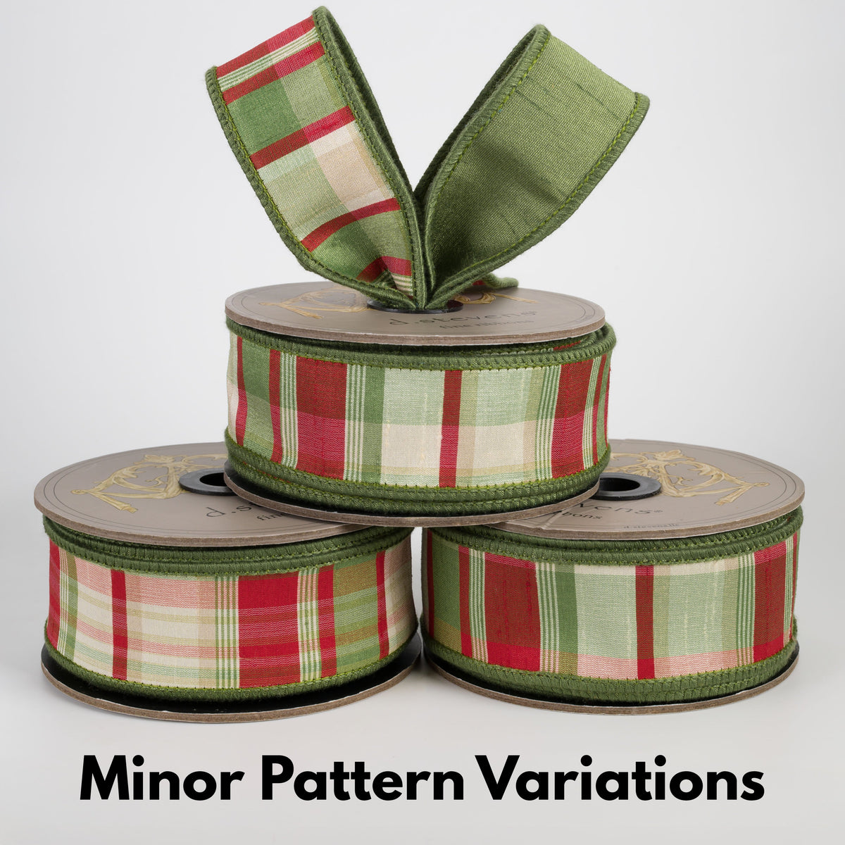 [D Stevens] 1.5" Faux Dupioni Wallis Plaid Ribbon: Red & Moss Green (10 Yards) Lifestyle Photo