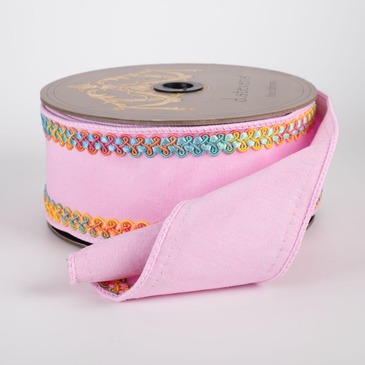[D Stevens] 2.5" Dupioni Braided Trim Ribbon: Bright Pastel Ombre on Light Pink (10 Yards) detail photo 3