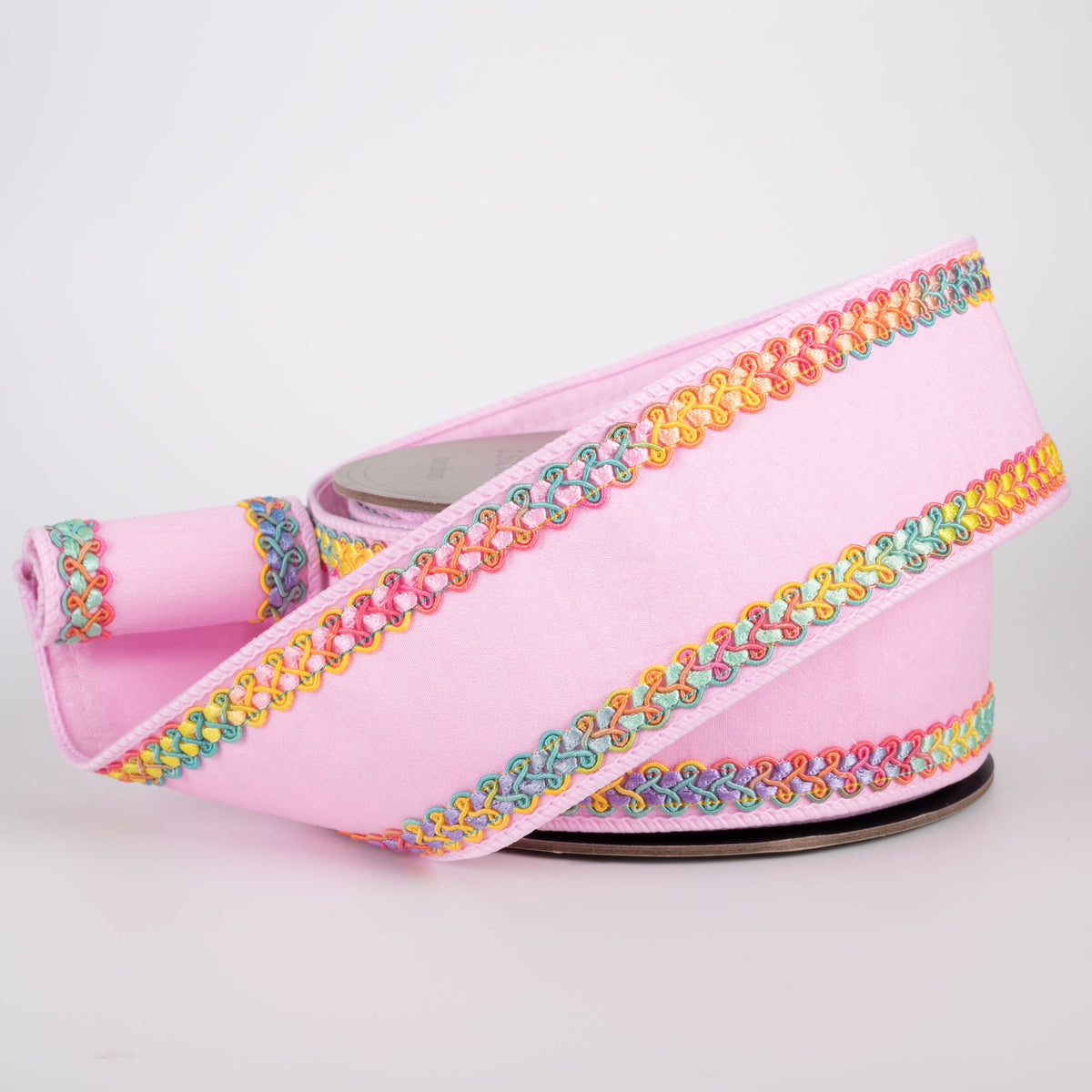 [D Stevens] 2.5" Dupioni Braided Trim Ribbon: Bright Pastel Ombre on Light Pink (10 Yards) Lifestyle Photo