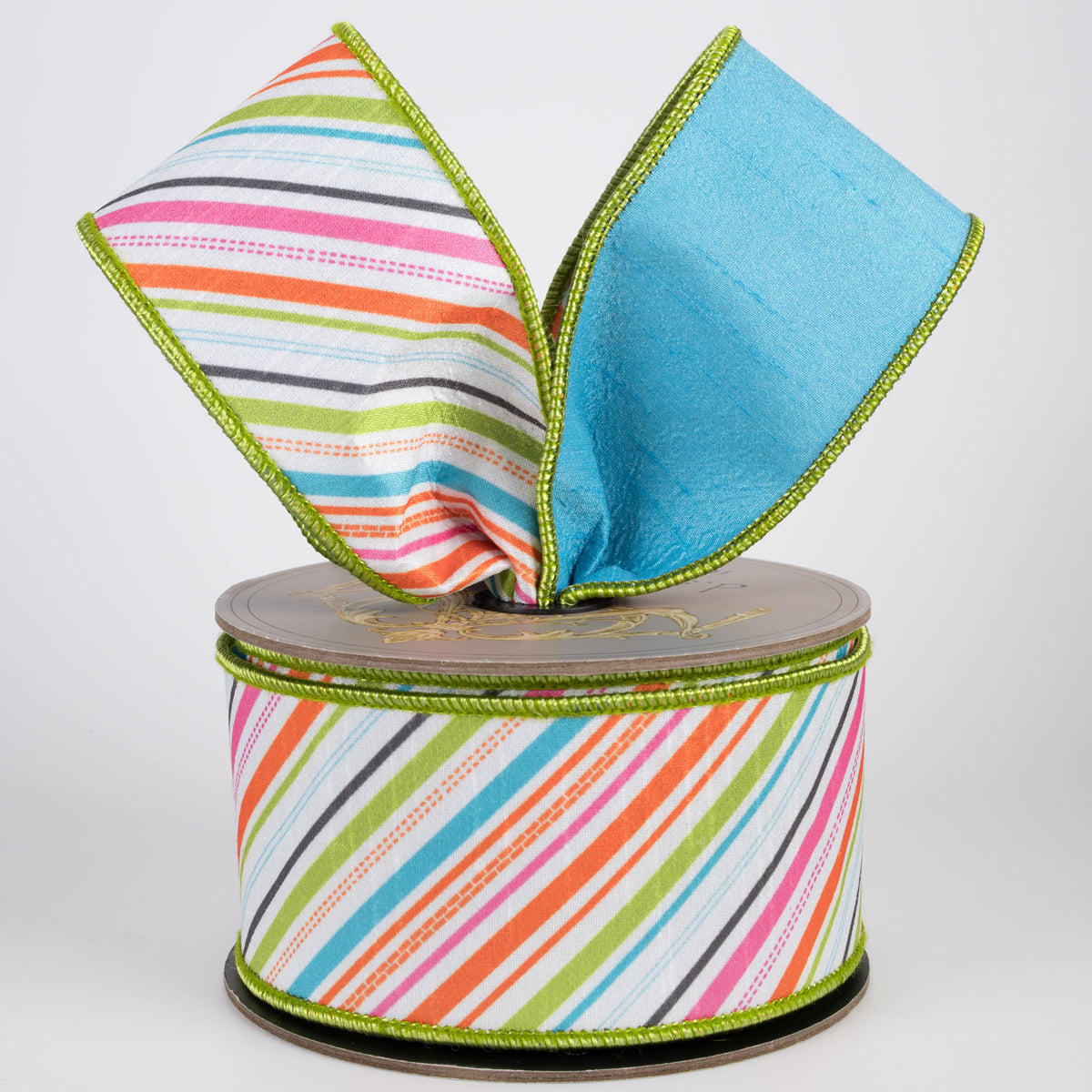 [D Stevens] 2.5" Dupioni Diagonal Stripe Ribbon: Pink, Lime, Orange & Blue (10 Yards) Lifestyle Photo