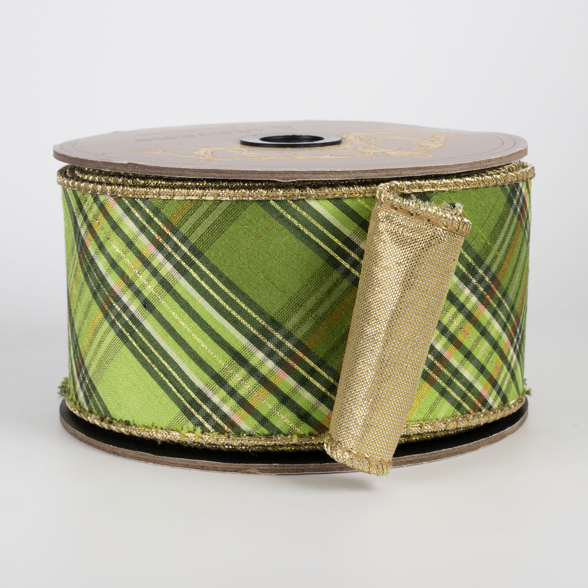 [D Stevens] 2.5" Faux Dupioni Gold Back Bias Cut Plaid Ribbon: Greens (10 Yards) Item Number: 05-1819