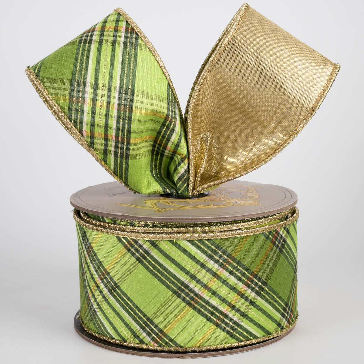[D Stevens] 2.5" Faux Dupioni Gold Back Bias Cut Plaid Ribbon: Greens (10 Yards) Lifestyle Photo