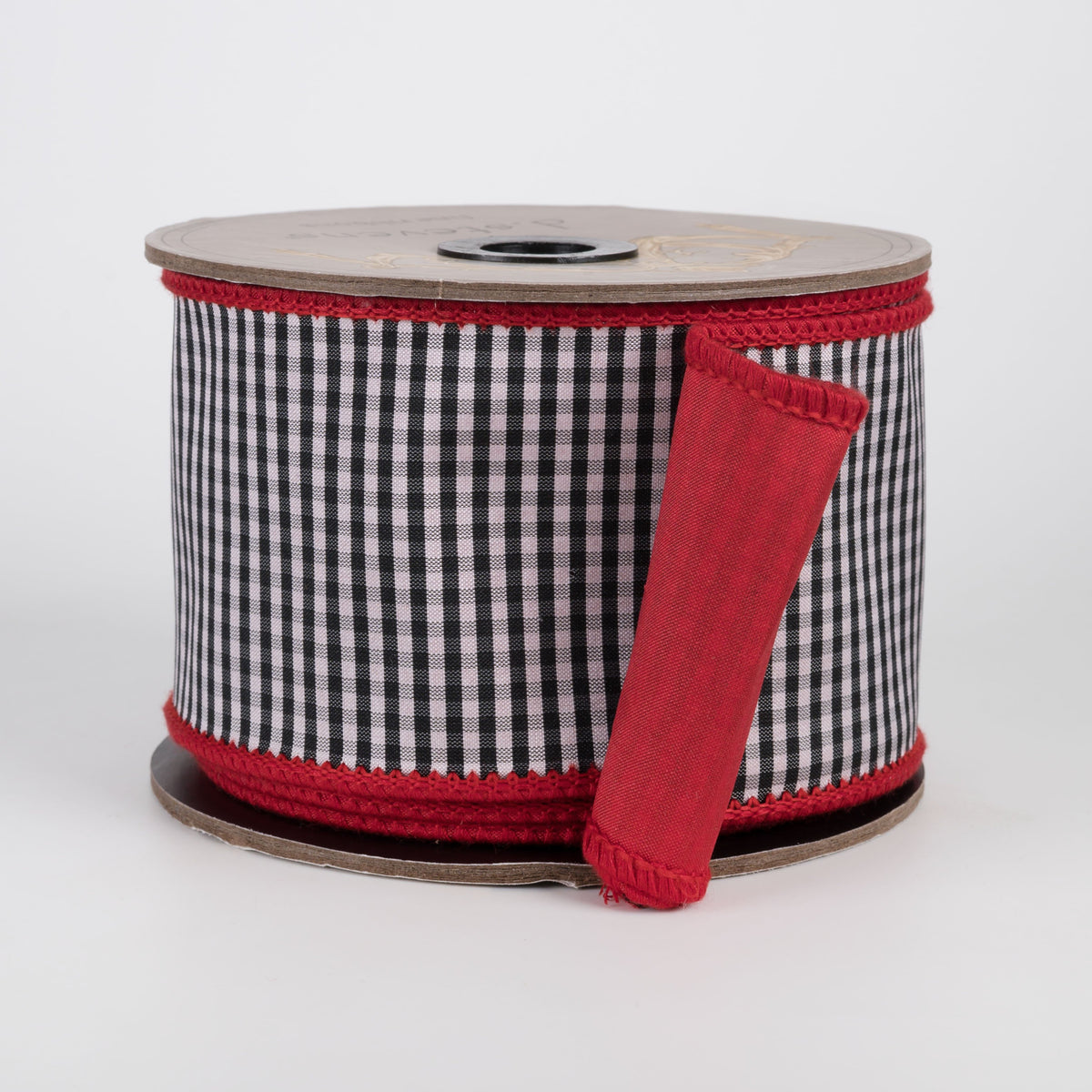 [D Stevens] 2.5" Faux Dupioni Mini Check Ribbon: Black & White on Red (10 Yards) Item Number: 87-1642