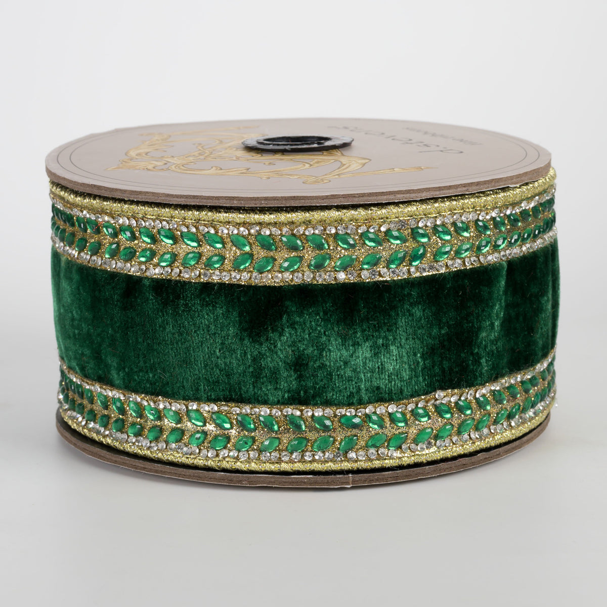 [D Stevens] 2.5" Jeweled Side Trim Velvet Gold Back Ribbon: Emerald Green (5 Yards) Item Number: 05-2099