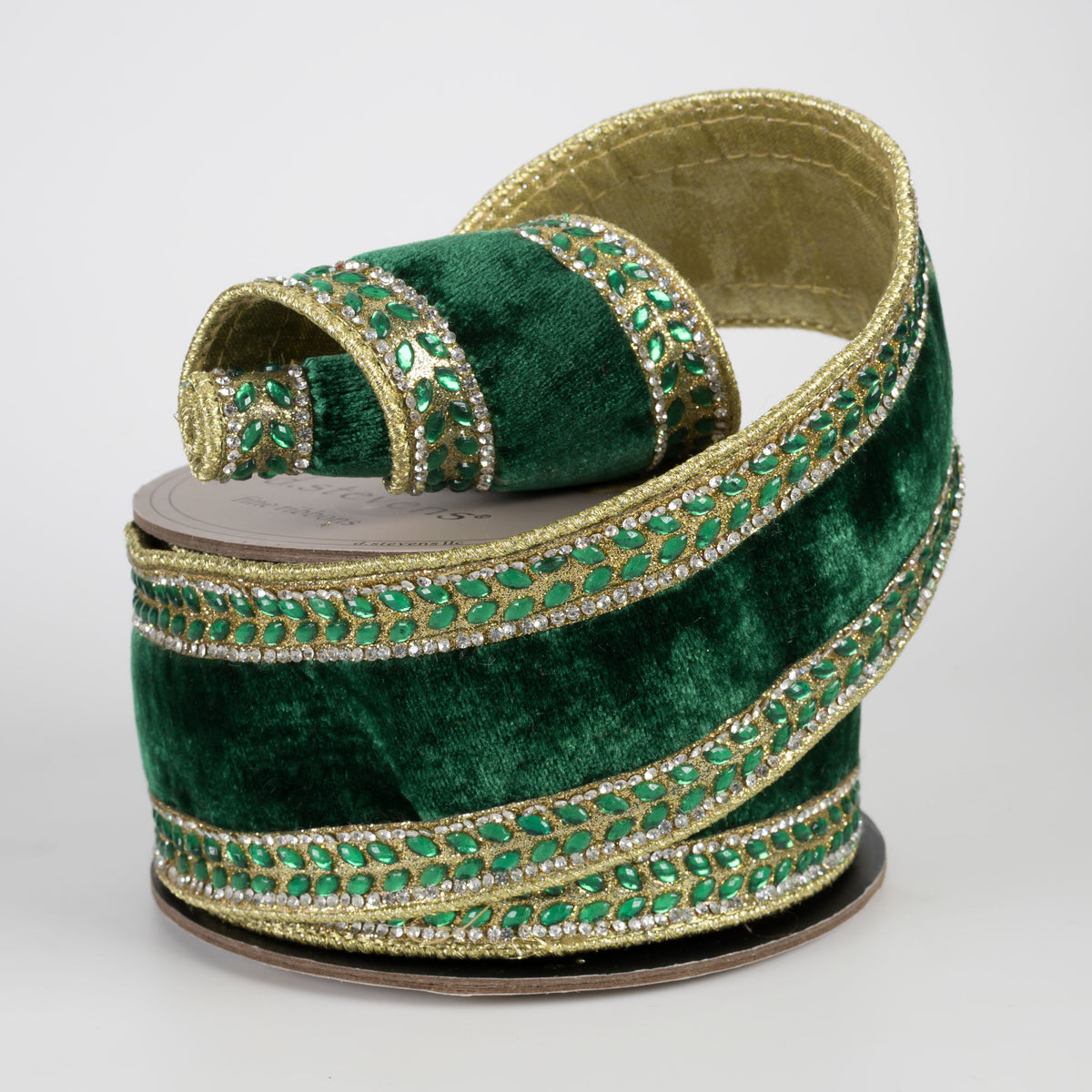 [D Stevens] 2.5" Jeweled Side Trim Velvet Gold Back Ribbon: Emerald Green (5 Yards) Lifestyle Photo