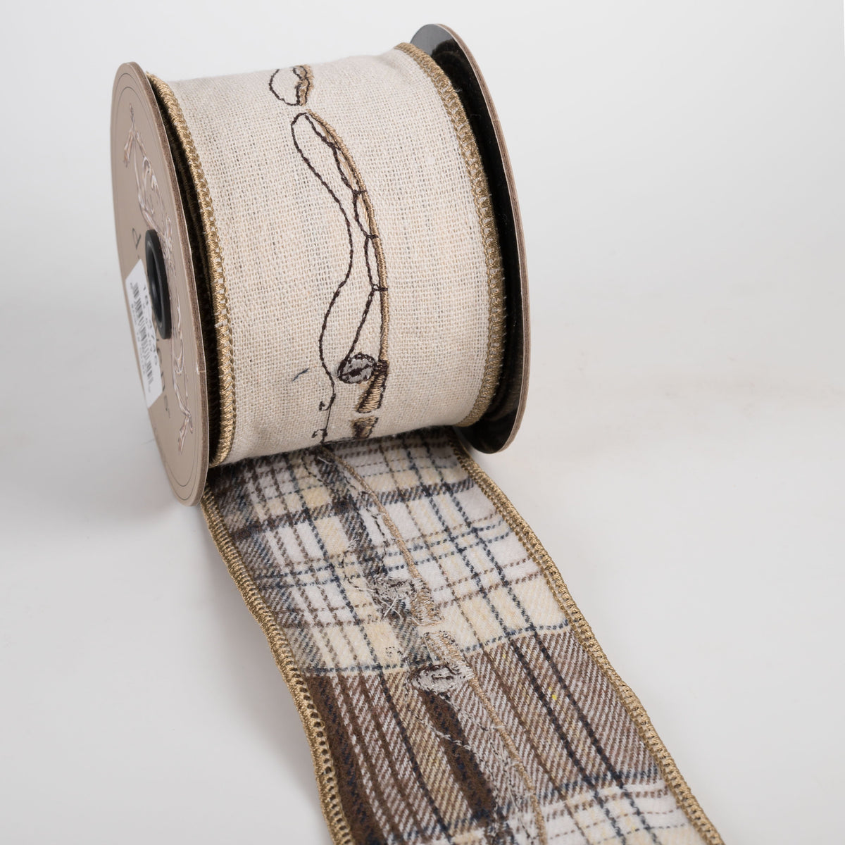 [D Stevens] 2.5" Linen Embroidered Fishing Rod Ribbon: Plaid Back Natural (5 Yards) detail photo 3