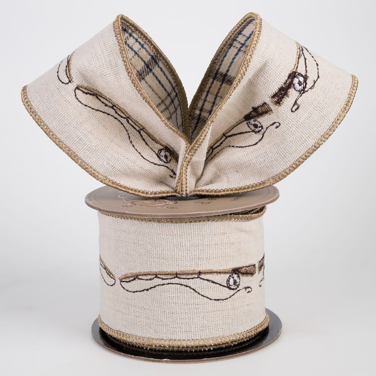 [D Stevens] 2.5" Linen Embroidered Fishing Rod Ribbon: Plaid Back Natural (5 Yards) Lifestyle Photo