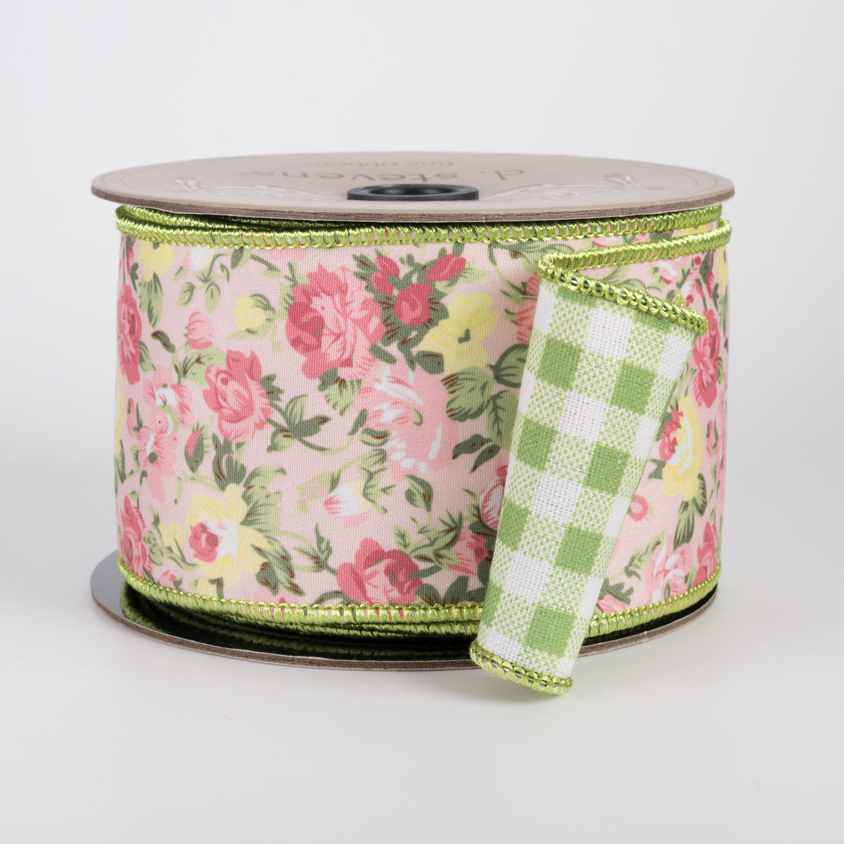 [D Stevens] 2.5" Poplin Mauve & Yellow Roses Ribbon: Green Checks (10 Yards) Item Number: 18-4816