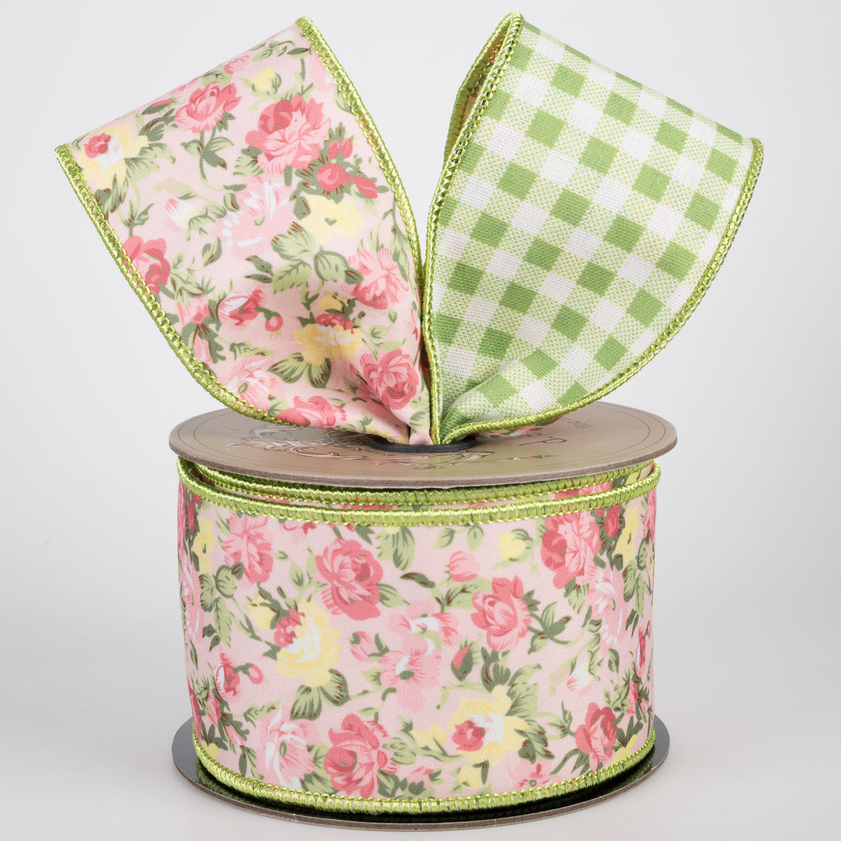 [D Stevens] 2.5" Poplin Mauve & Yellow Roses Ribbon: Green Checks (10 Yards) Lifestyle Photo