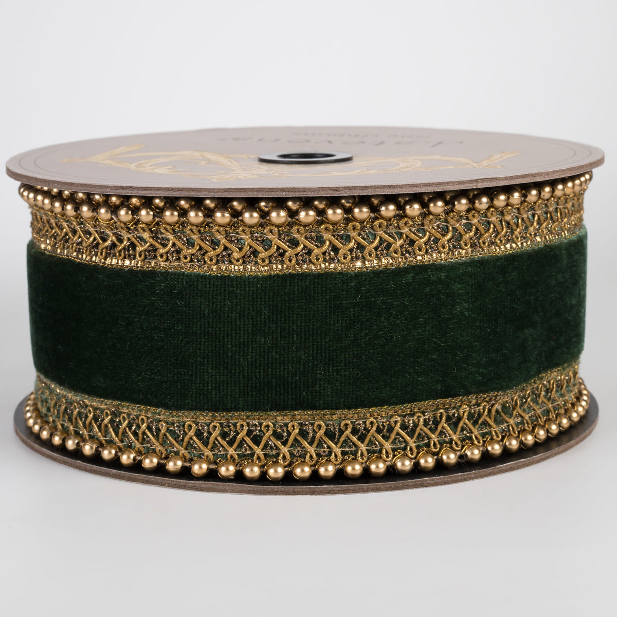 [D Stevens] 2.5" Velvet Antique Gold Bead Trim Ribbon: Dark Green (5 Yards) Item Number: 05-1991