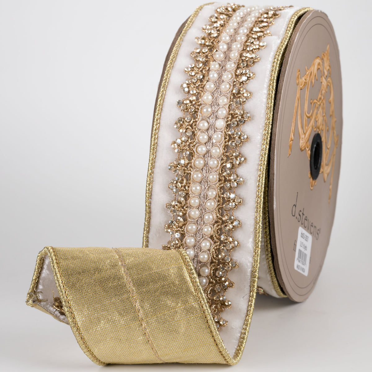 [D Stevens] 2.5" Velvet Jewels & Pearls Countess Trim Ribbon: Winter White (5 Yards) detail photo 3