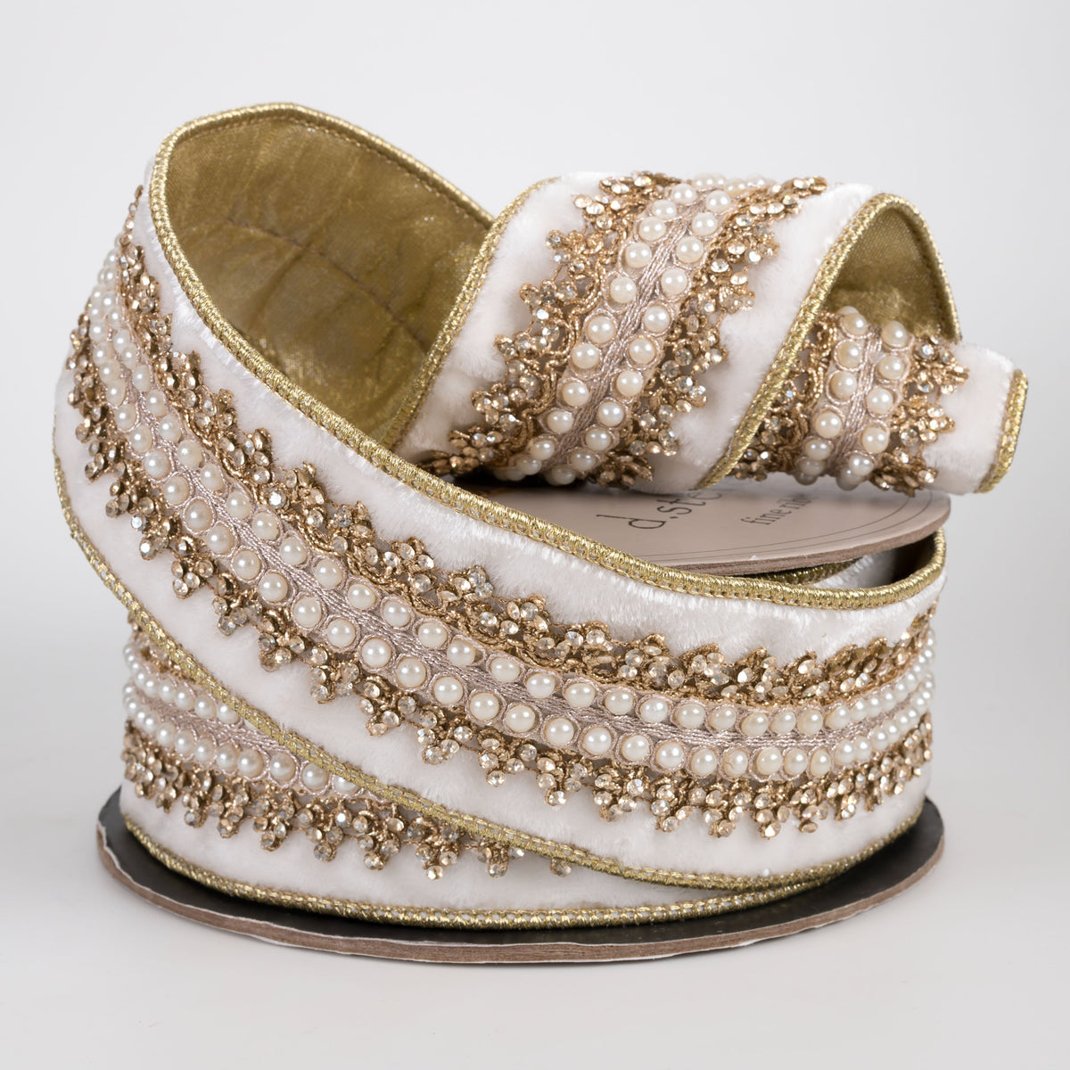 [D Stevens] 2.5" Velvet Jewels & Pearls Countess Trim Ribbon: Winter White (5 Yards) Lifestyle Photo