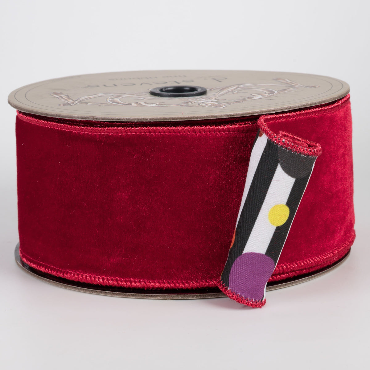 [D Stevens] 2.5" Velvet & Polka Dots on B&W Stripes Ribbon: Red (10 Yards) Item Number: 18-5165