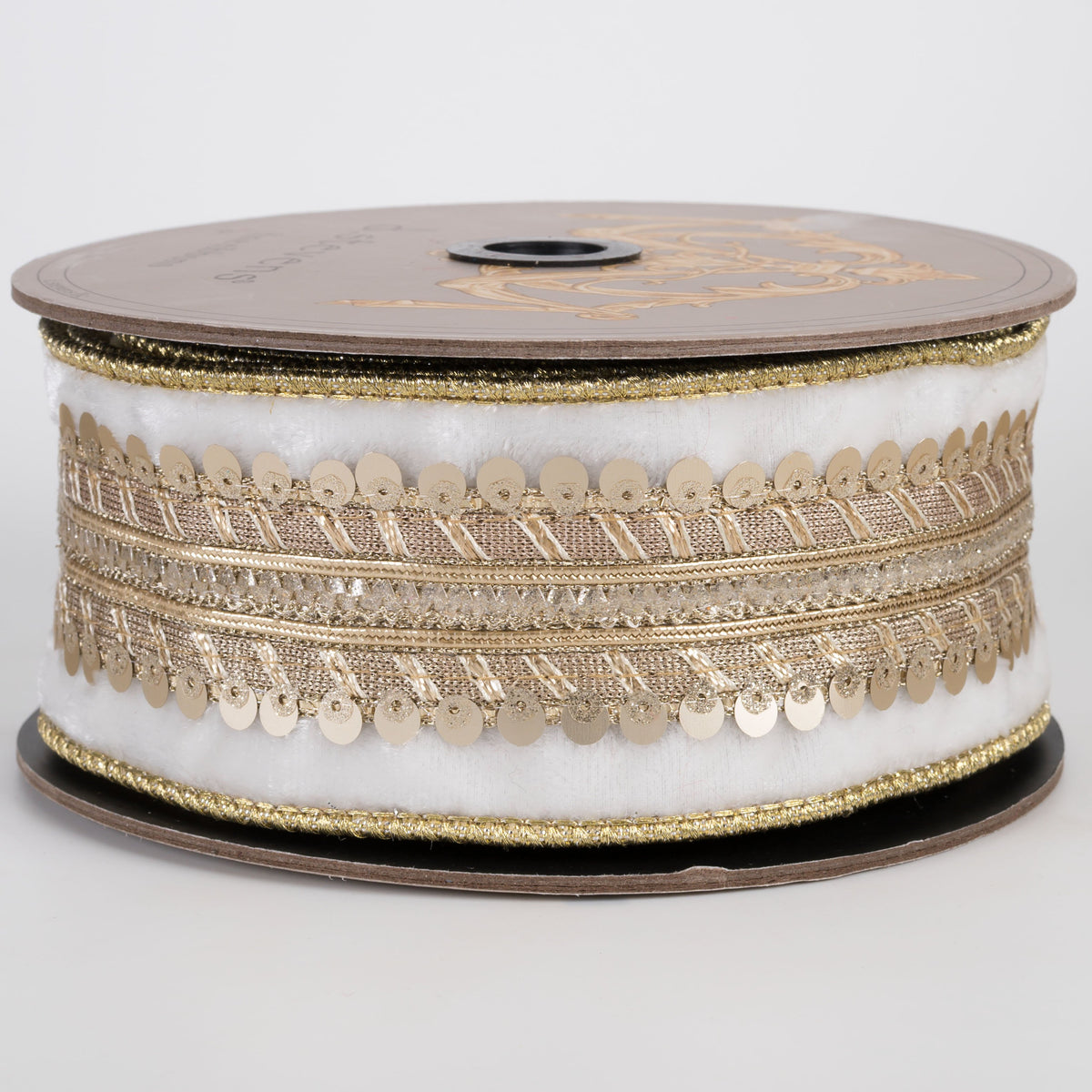 [D Stevens] 2.5" Velvet Sequin Asbourne Trim Ribbon: Winter White & Light Gold (5 Yards) Item Number: 05-2055