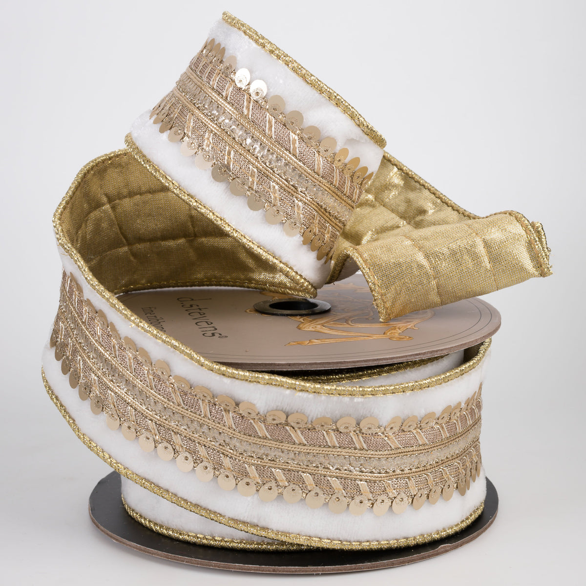 [D Stevens] 2.5" Velvet Sequin Asbourne Trim Ribbon: Winter White & Light Gold (5 Yards) Lifestyle Photo