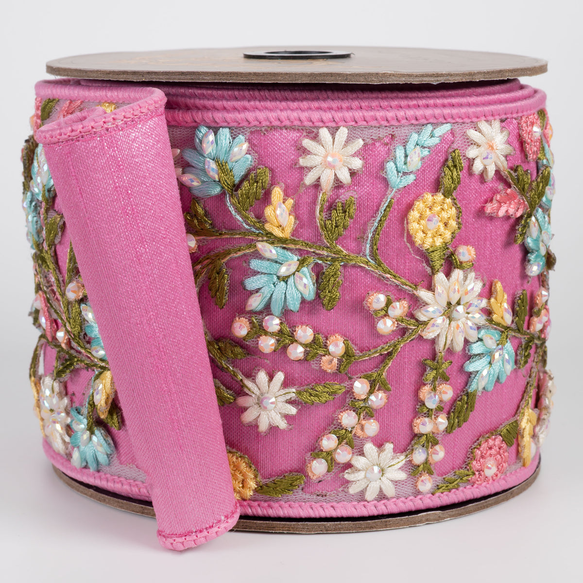 [D Stevens] 3.75" Dupioni Jewel Floral Applique Ribbon: Pink (5 Yards) Item Number: 05-1762