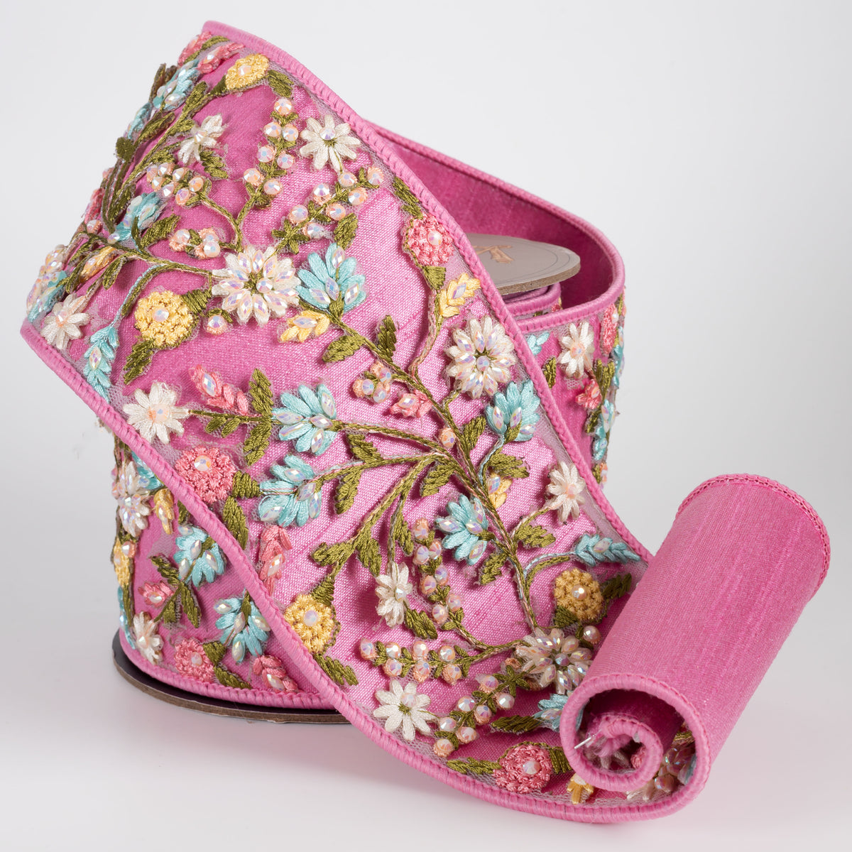 [D Stevens] 3.75" Dupioni Jewel Floral Applique Ribbon: Pink (5 Yards) Lifestyle Photo