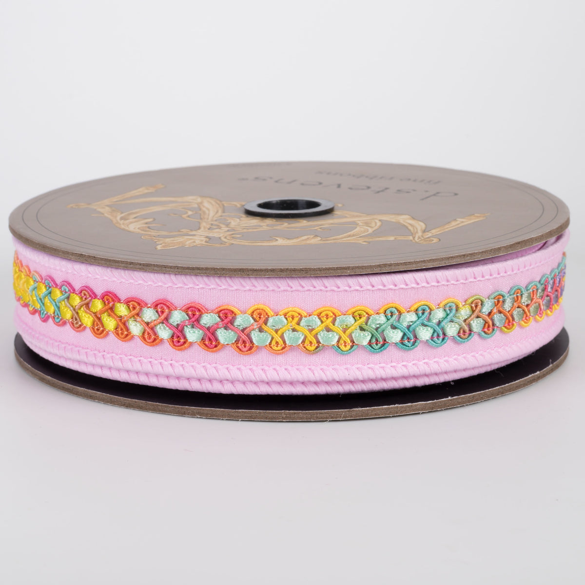 [D Stevens] 1" Dupioni Braided Trim Ribbon: Bright Pastel Ombre on Light Pink (10 Yards) Item Number: 05-2173