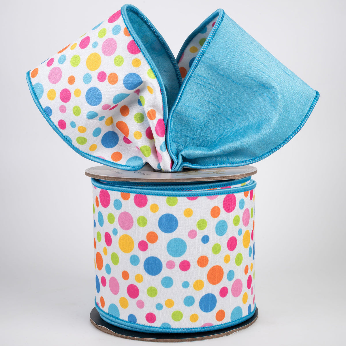 [D Stevens] 4" Dupioni Colorful Polka Dots Ribbon: Pink, Lime, Orange & Blue (10 Yards) Lifestyle Photo